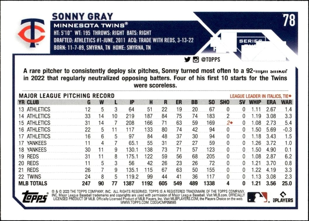 2023 Topps Sonny Gray #78 baseball trading card back