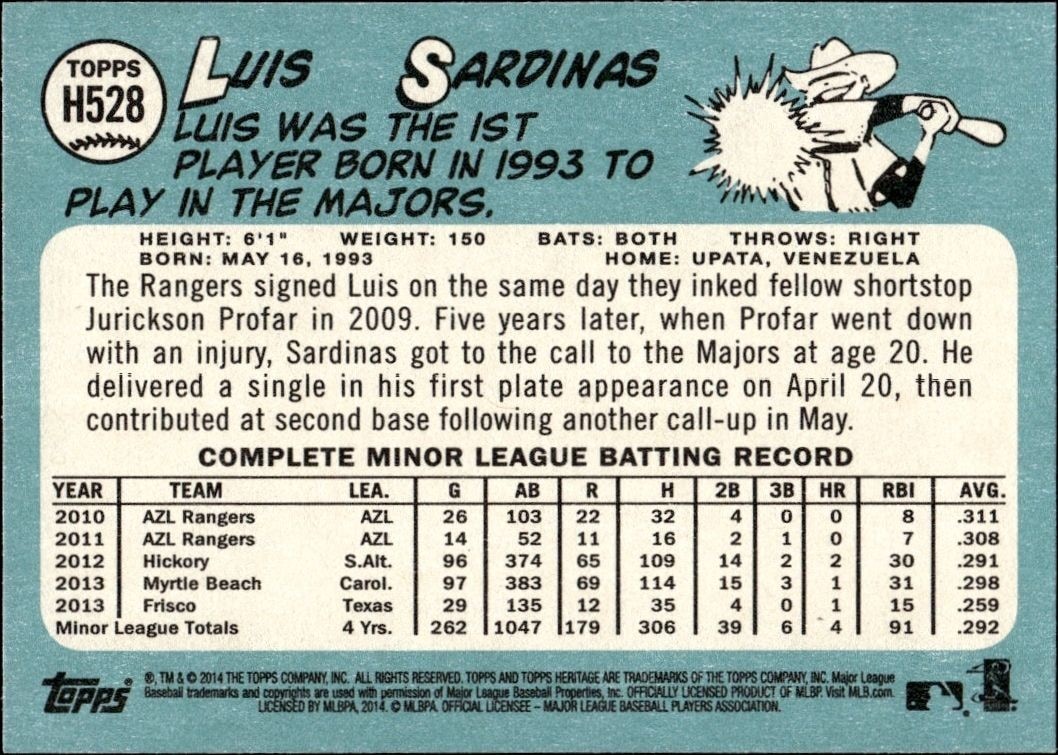 2014 Topps Heritage High Number Luis Sardinas #H528 baseball trading card back