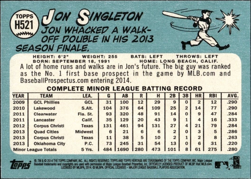 2014 Topps Heritage High Number Jon Singleton #H521 baseball trading card back