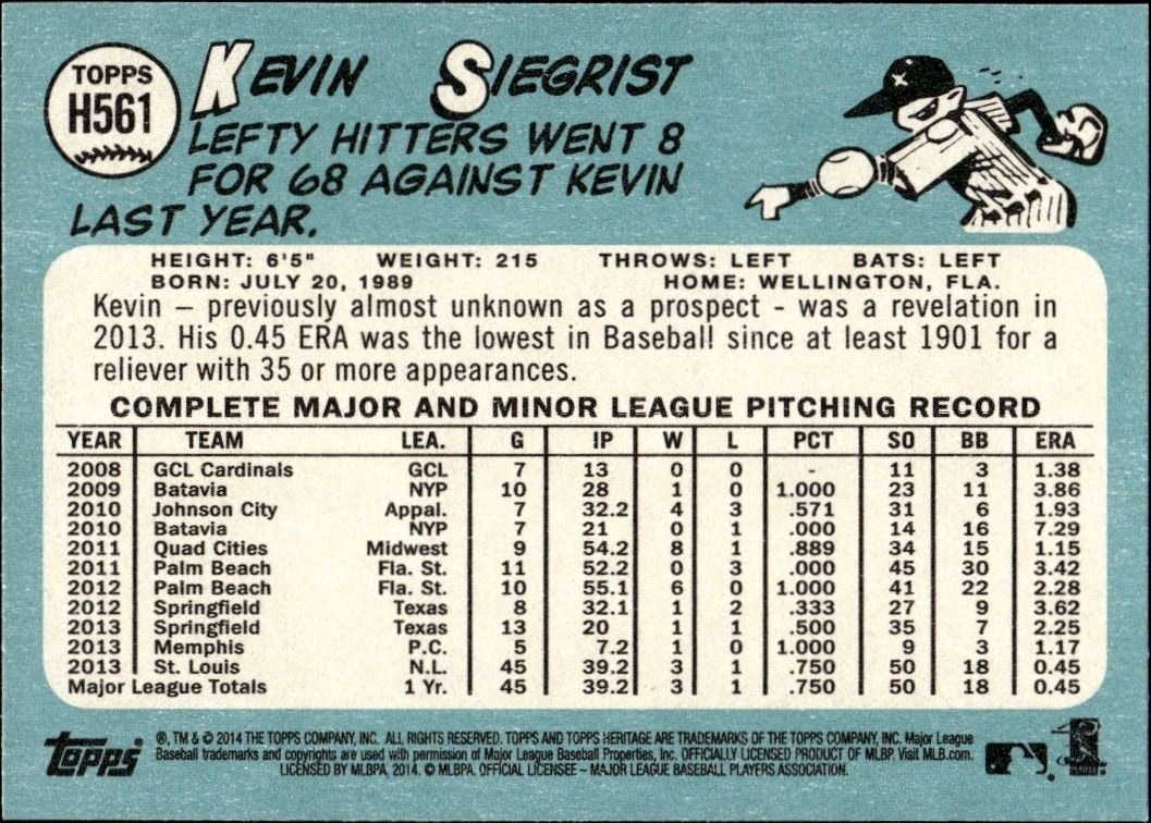 2014 Topps Heritage High Number Kevin Siegrist #H561 baseball trading card back