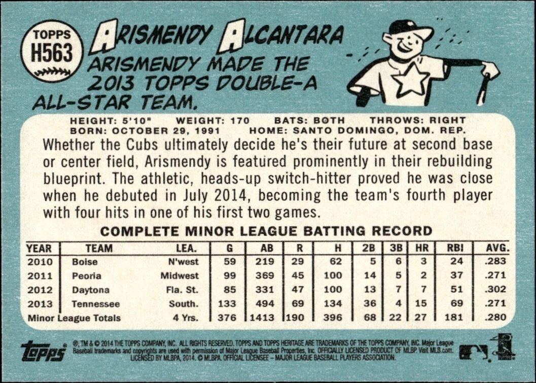 2014 Topps Heritage High Number Arismendy Alcantara #H563 baseball trading card back