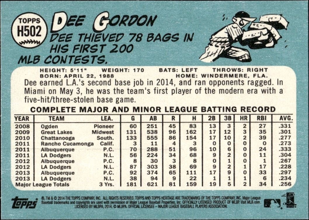 2014 Topps Heritage High Number Dee Gordon #H502 baseball trading card back