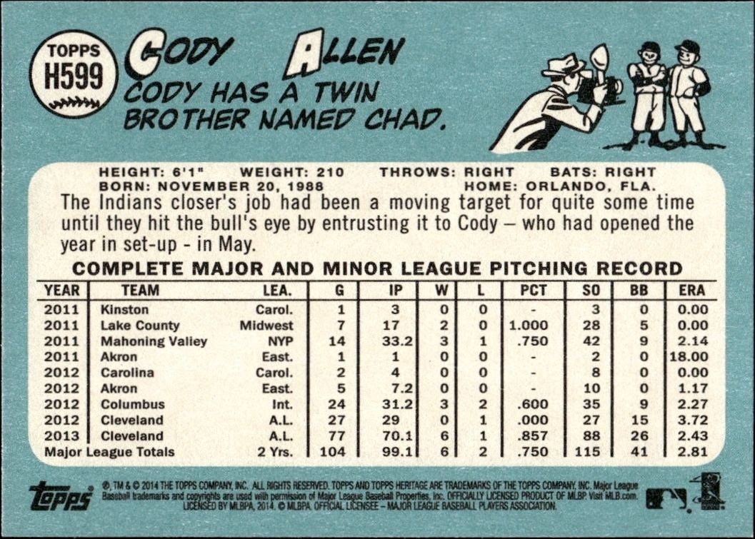 2014 Topps Heritage High Number Cody Allen #H599 baseball trading card back