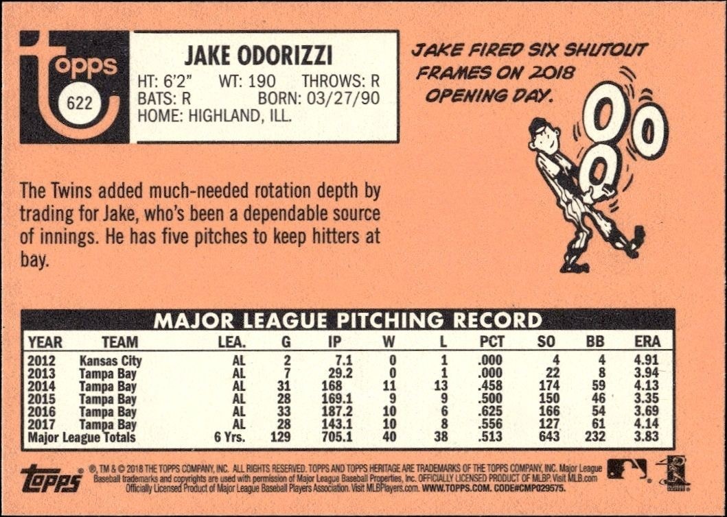 2018 Topps Heritage High Number Jake Odorizzi #622 baseball trading card back