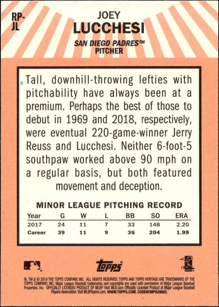 2018 Topps Heritage Joey Lucchesi #RP-JL baseball trading card back