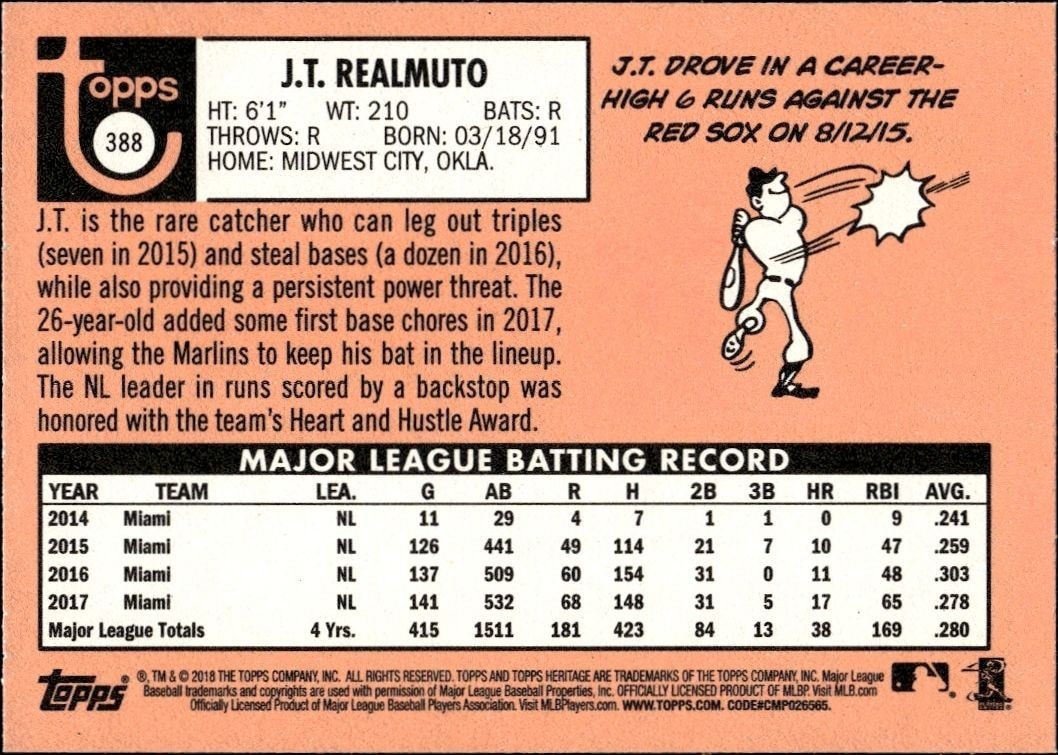 2018 Topps Heritage Jt Realmuto #388 baseball trading card back