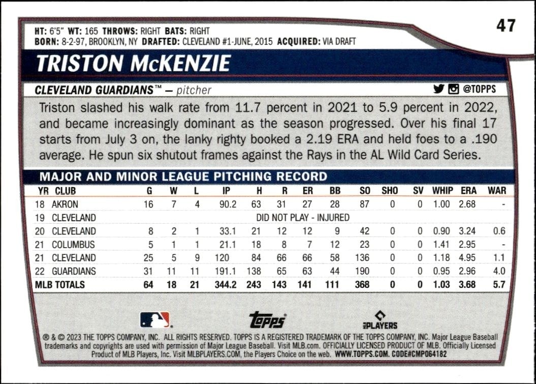 2023 Topps Big League Triston McKenzie #47 baseball trading card back