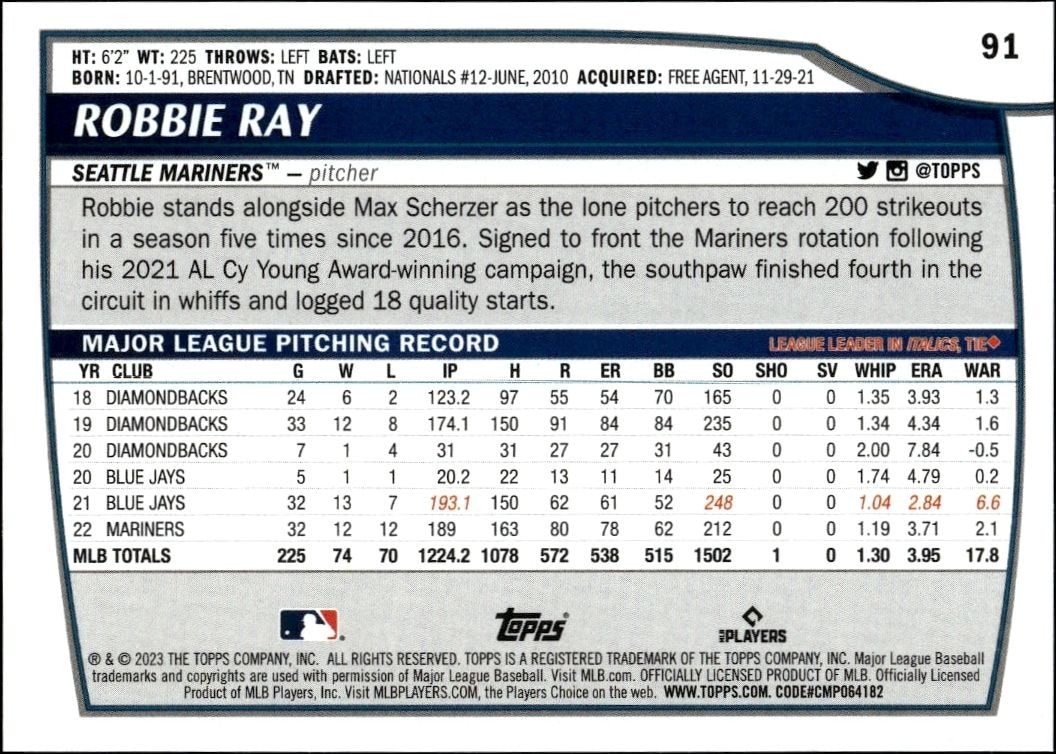 2023 Topps Big League Robbie Ray #91 baseball trading card back
