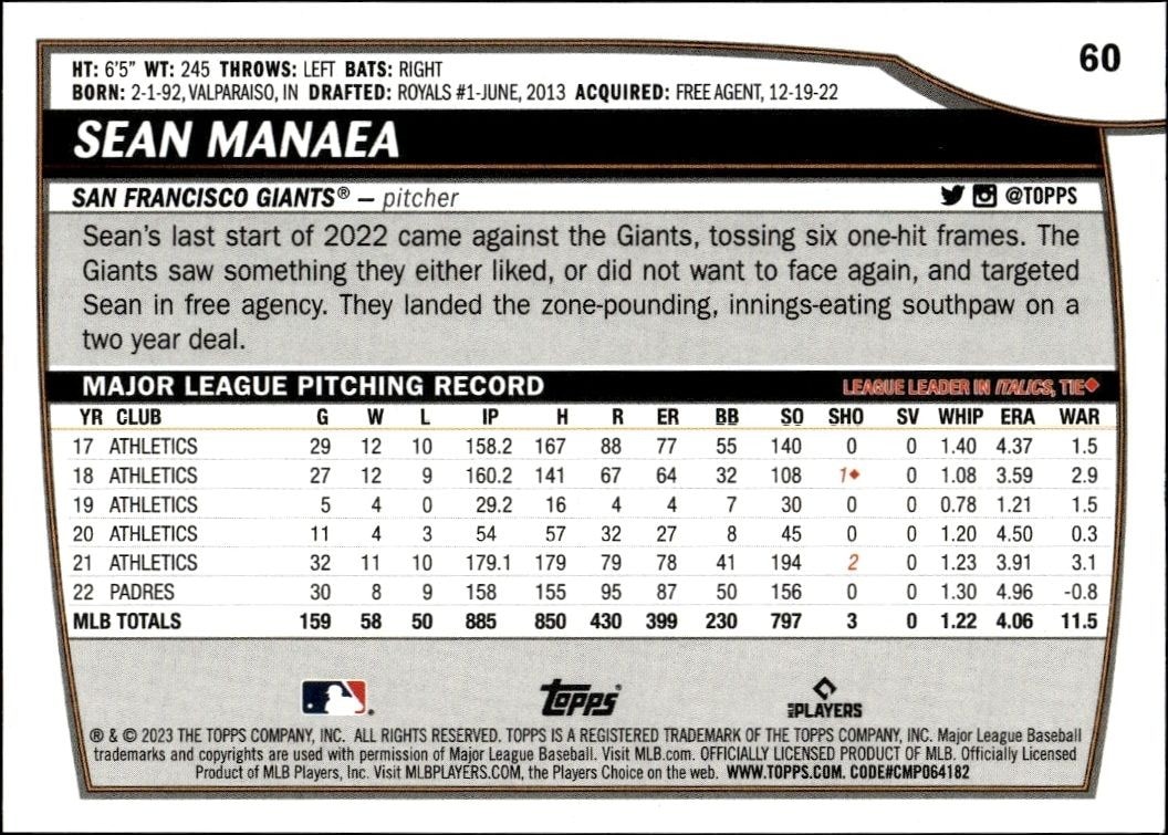 2023 Topps Big League Sean Manaea #60 baseball trading card back