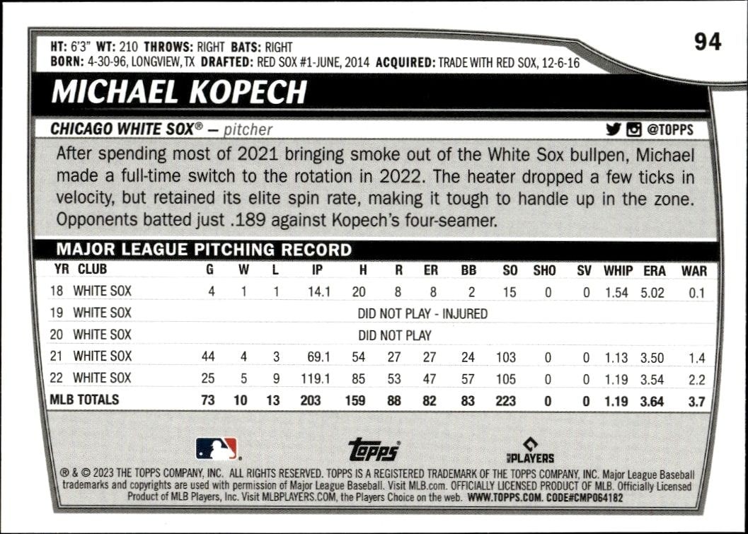 2023 Topps Big League Michael Kopech #94 baseball trading card back