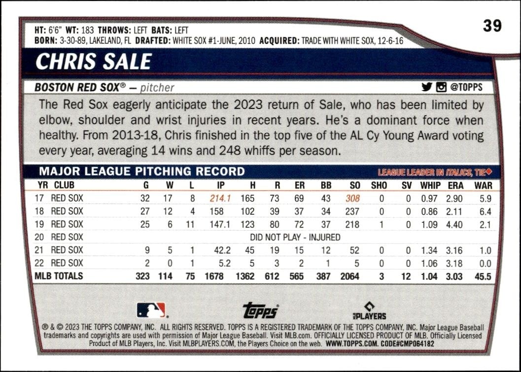 2023 Topps Big League Chris Sale #39 baseball trading card back