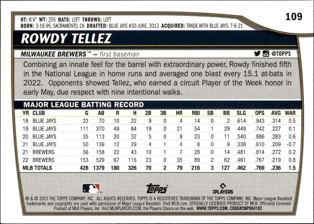 2023 Topps Big League Rowdy Tellez #109 baseball trading card back
