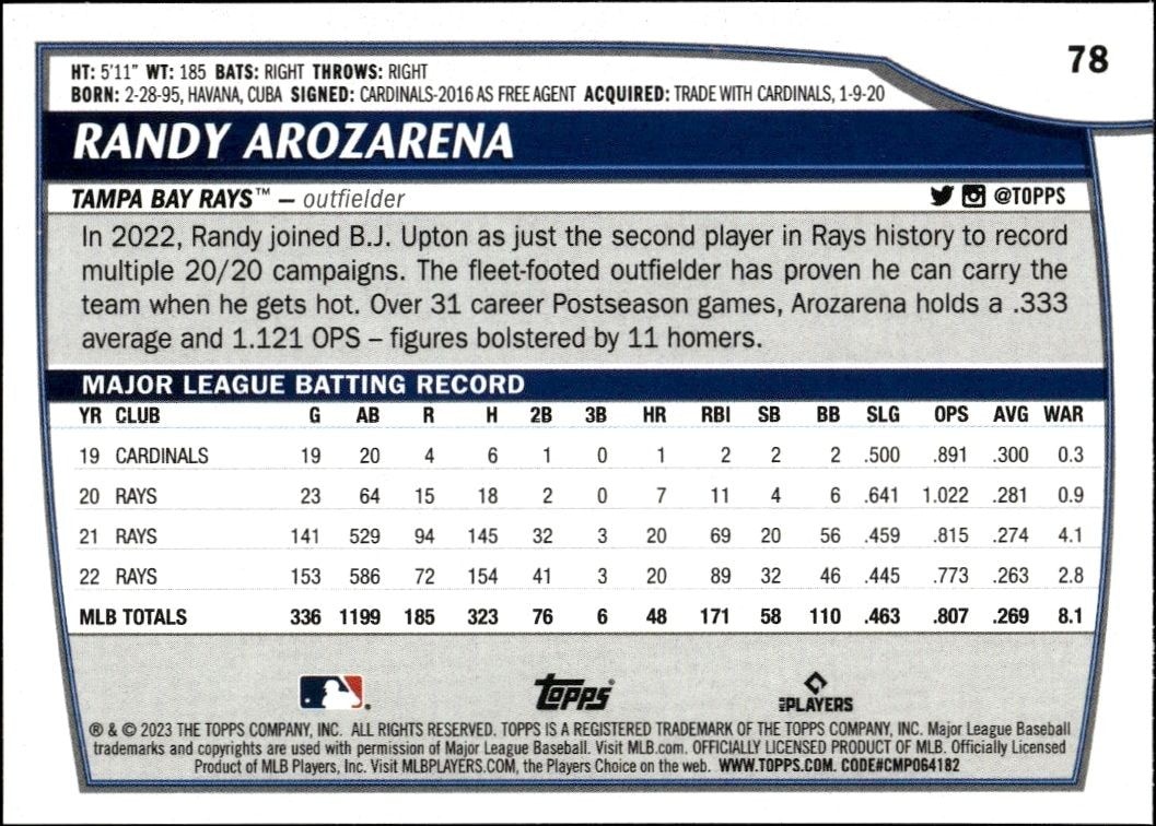 2023 Topps Big League Randy Arozarena #78 baseball trading card back