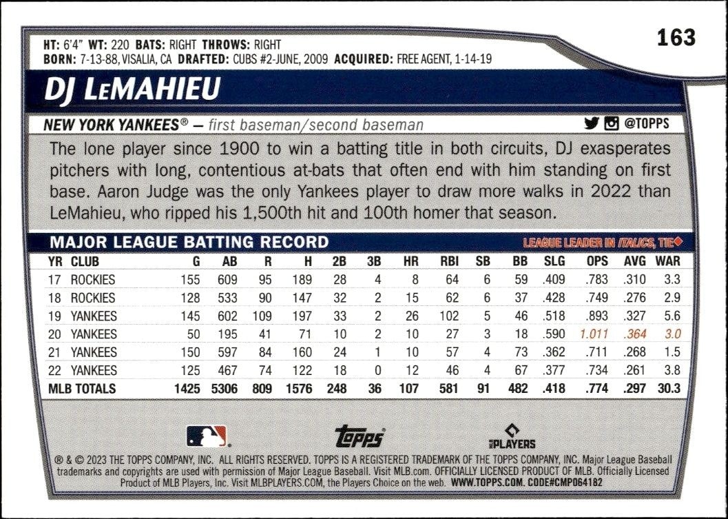 2023 Topps Big League DJ LeMahieu #163 baseball trading card back