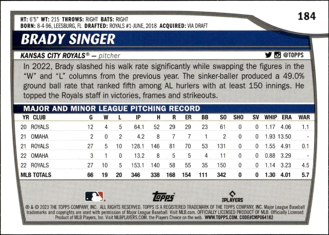 2023 Topps Big League Brady Singer #184 baseball trading card back
