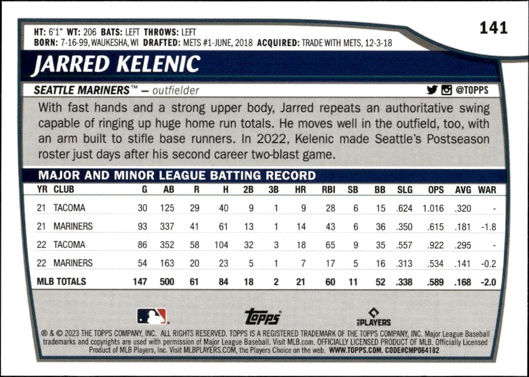 2023 Topps Big League Jarred Kelenic #141 baseball trading card back