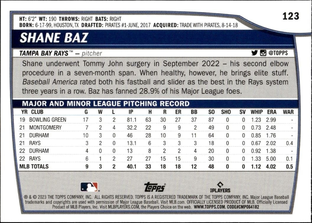 2023 Topps Big League Shane Baz #123 baseball trading card back