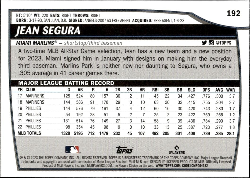 2023 Topps Big League Jean Segura #192 baseball trading card back