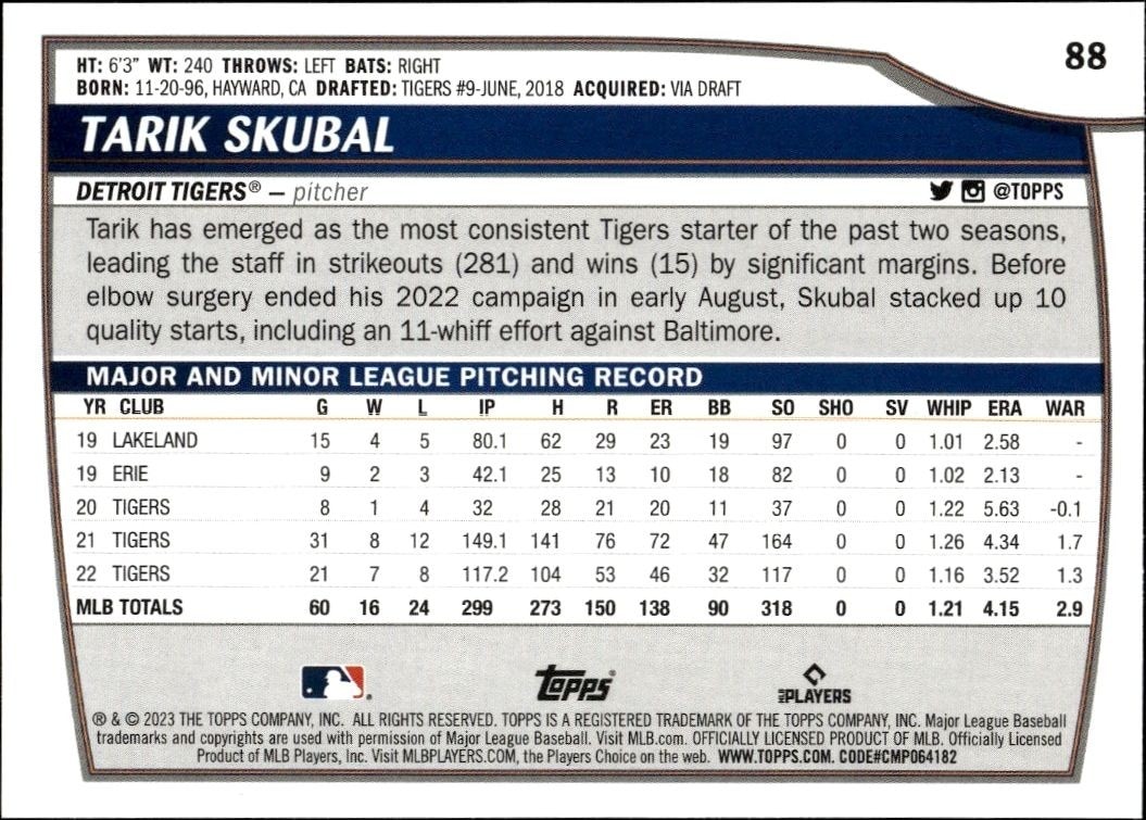 2023 Topps Big League Tarik Skubal #88 baseball trading card back