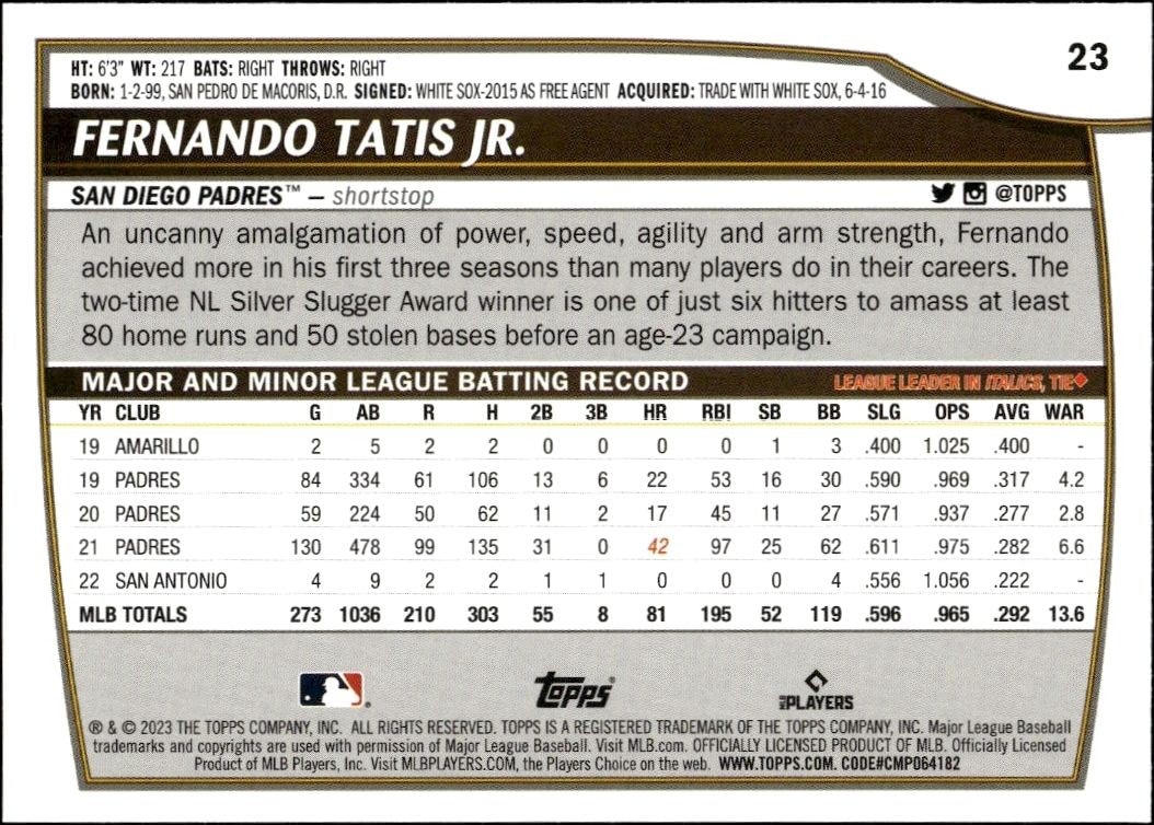 2023 Topps Big League Fernando Tatis Jr. #23 baseball trading card back