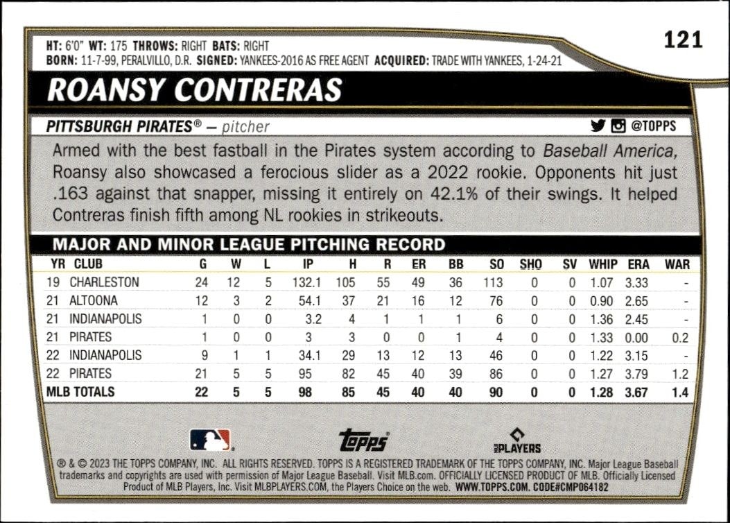 2023 Topps Big League Roansy Contreras #121 baseball trading card back