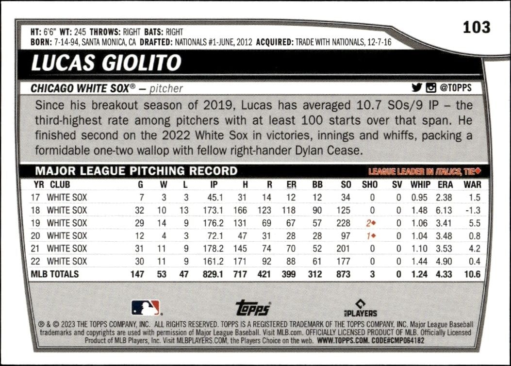 2023 Topps Big League Lucas Giolito #103 baseball trading card back