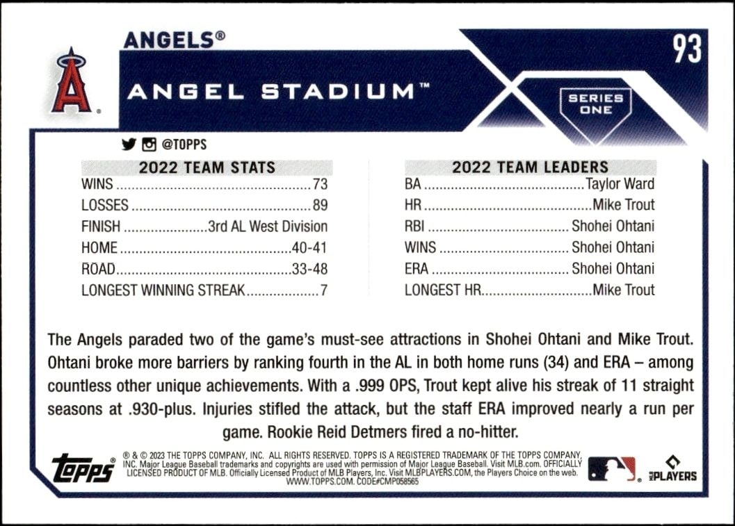 2023 Topps Los Angeles Angels #93 baseball trading card back