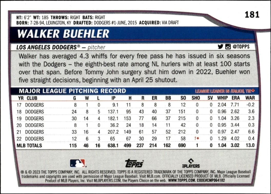 2023 Topps Big League Walker Buehler #181 baseball trading card back