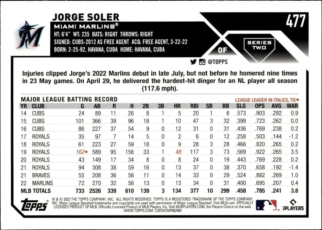 2023 Topps Series 2 Jorge Soler #477 baseball trading card back