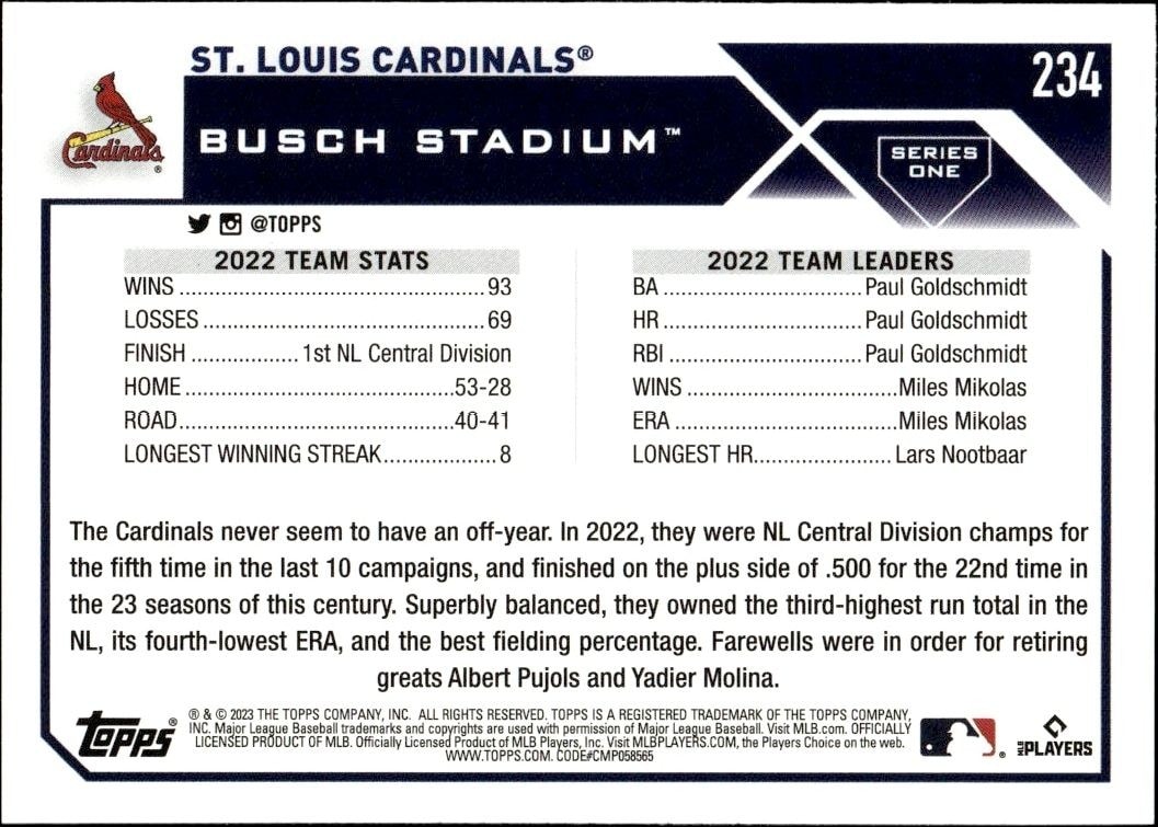 2023 Topps St. Louis Cardinals #234 baseball trading card back