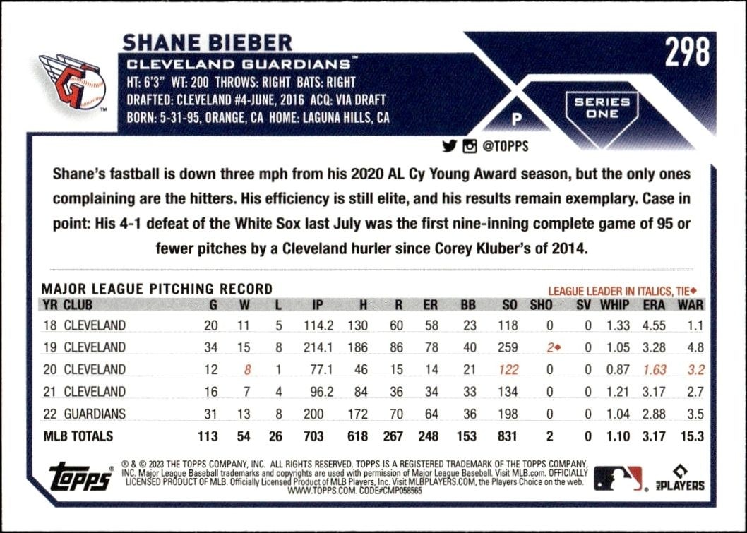 2023 Topps Shane Bieber #298 baseball trading card back