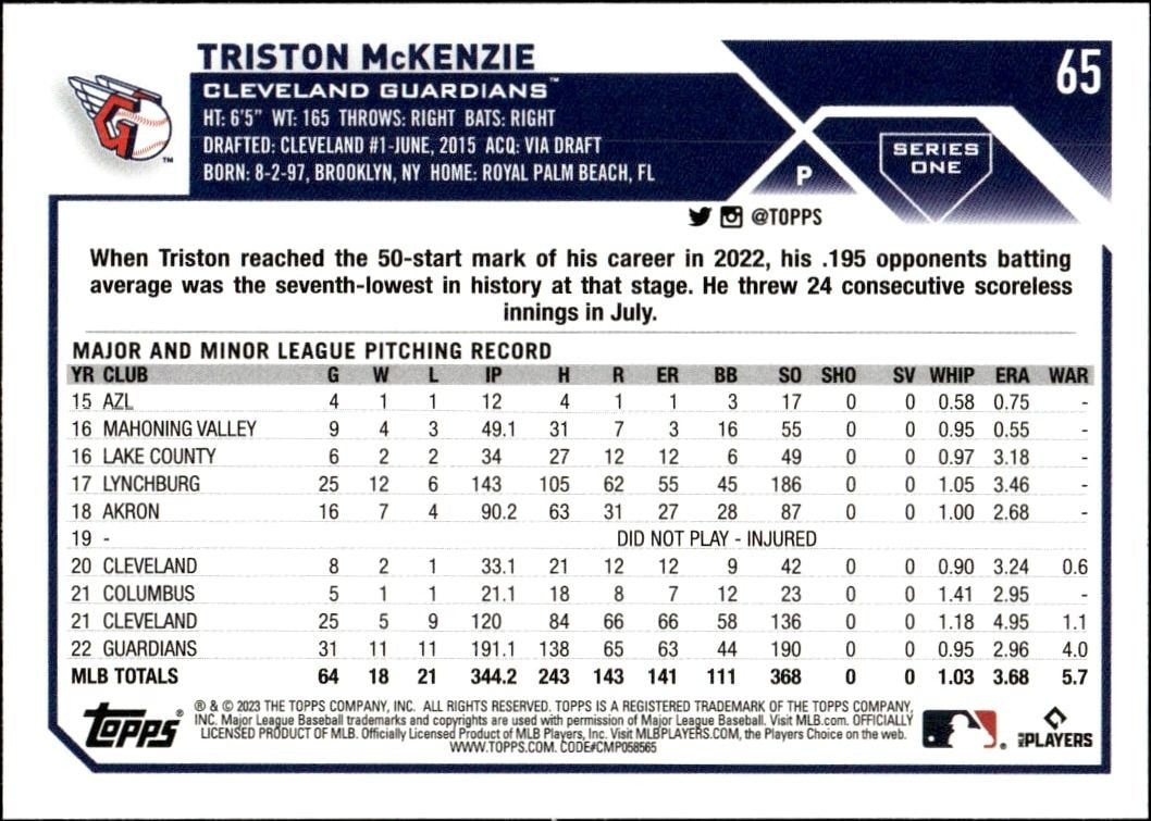 2023 Topps Triston McKenzie #65 baseball trading card back