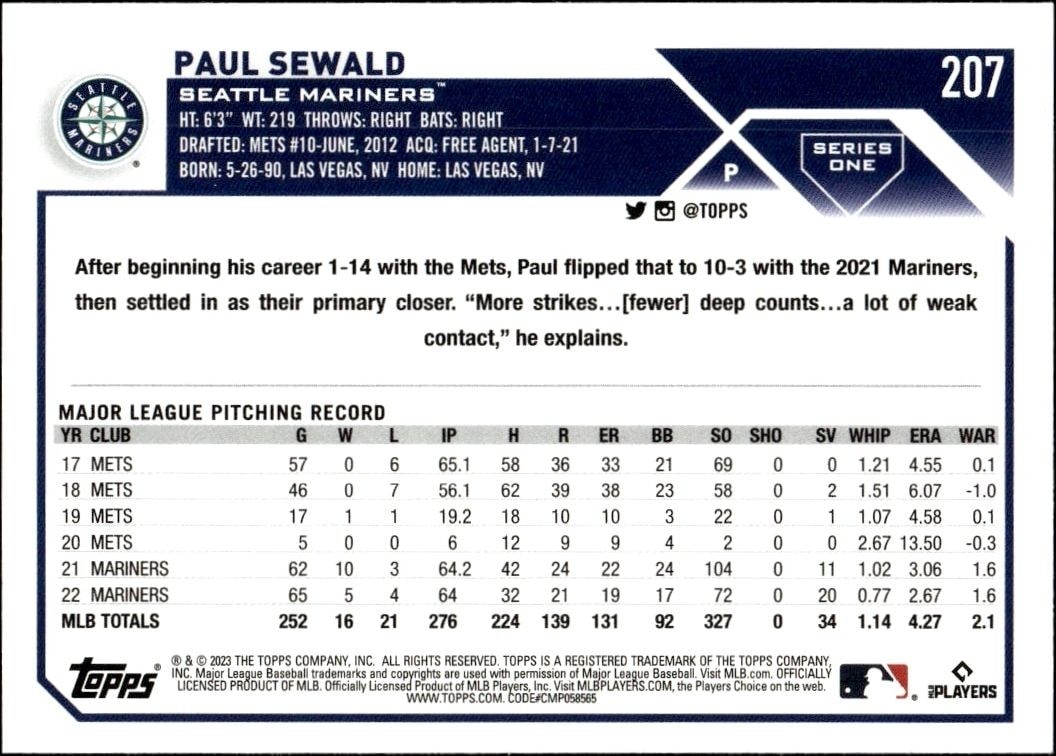 2023 Topps Paul Sewald #207 baseball trading card back