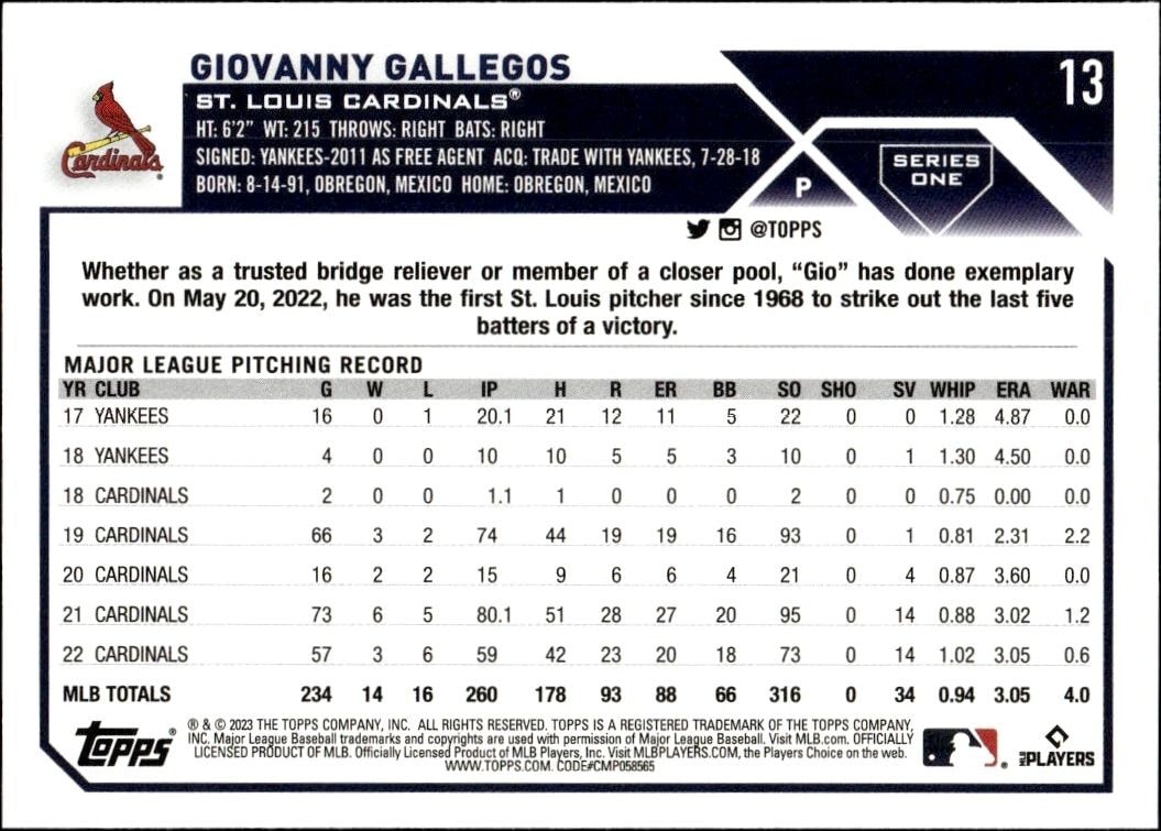 2023 Topps Giovanny Gallegos #13 baseball trading card back