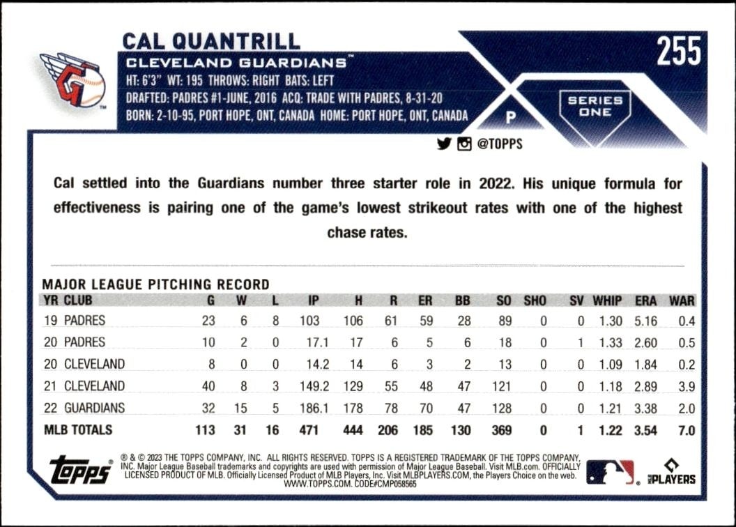 2023 Topps Cal Quantrill #255 baseball trading card back