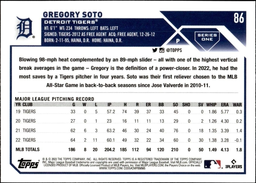 2023 Topps Gregory Soto #86 baseball trading card back