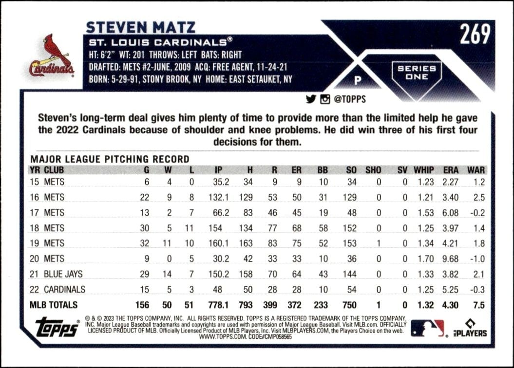 2023 Topps Steven Matz #269 baseball trading card back