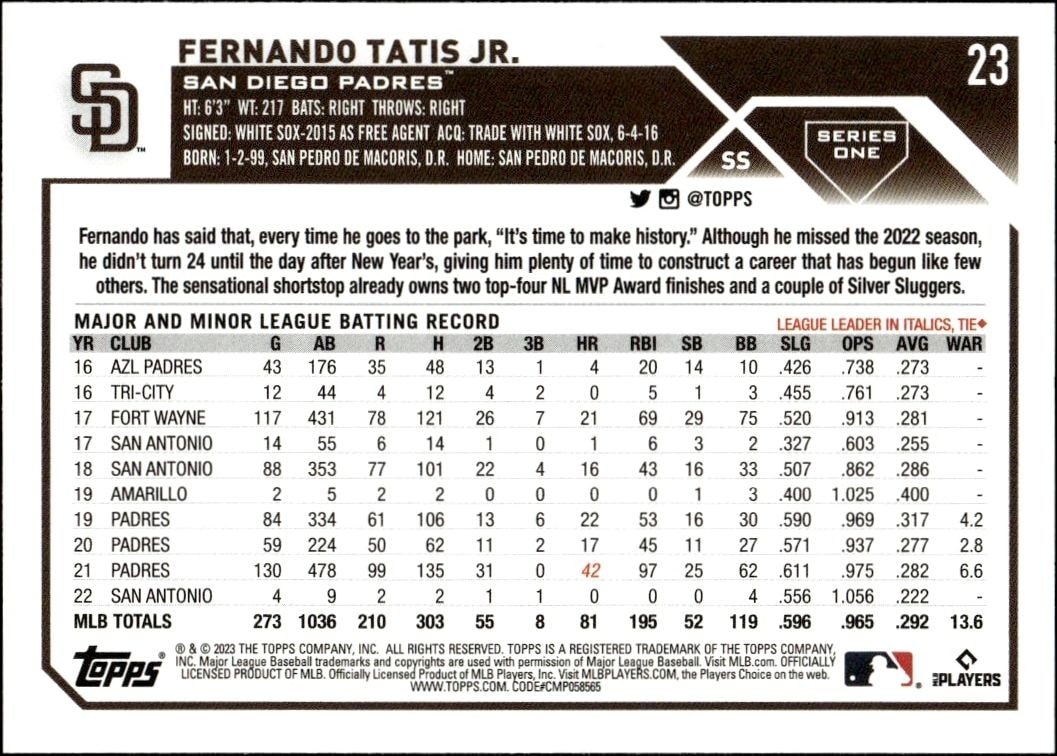 2023 Topps Fernando Tatis Jr. #23 baseball trading card back