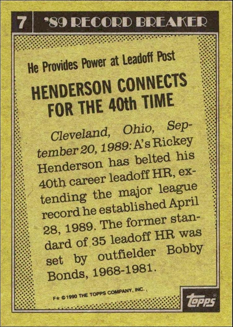 1990 Topps Rickey Henderson #7 baseball trading card back
