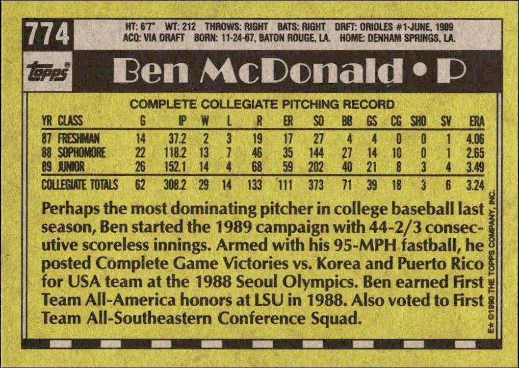 1990 Topps Ben McDonald #774 baseball trading card back