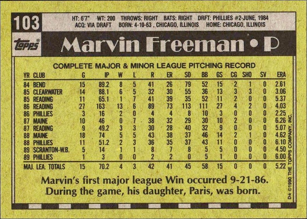 1990 Topps Marvin Freeman #103 baseball trading card back