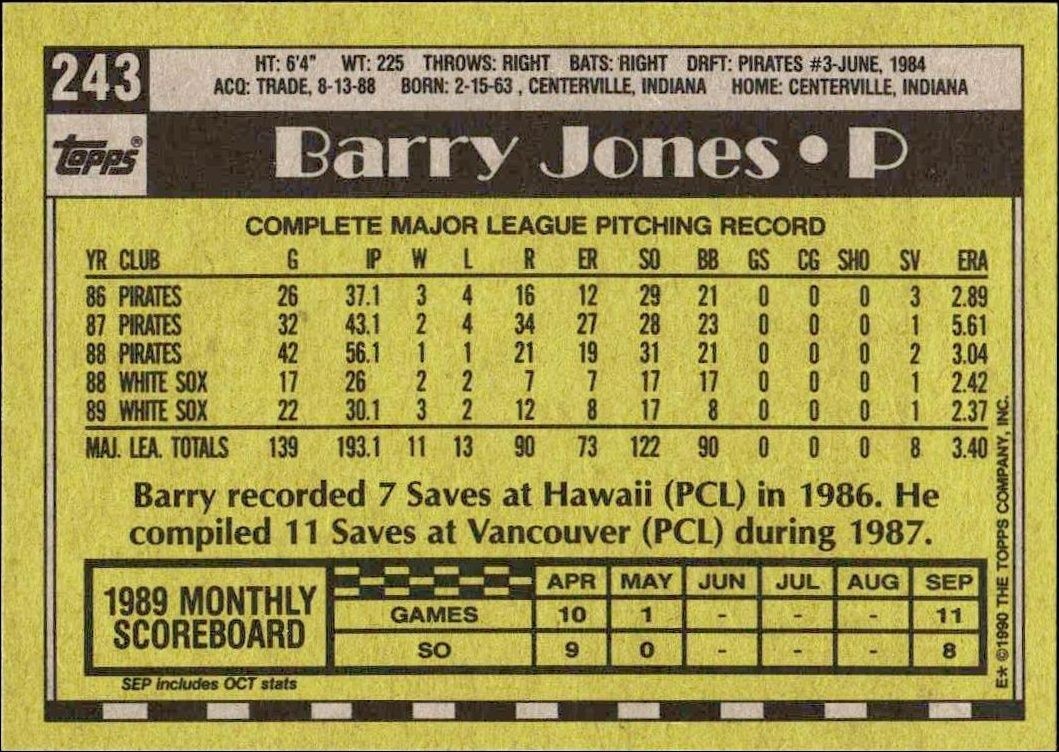1990 Topps Barry Jones #243 baseball trading card back