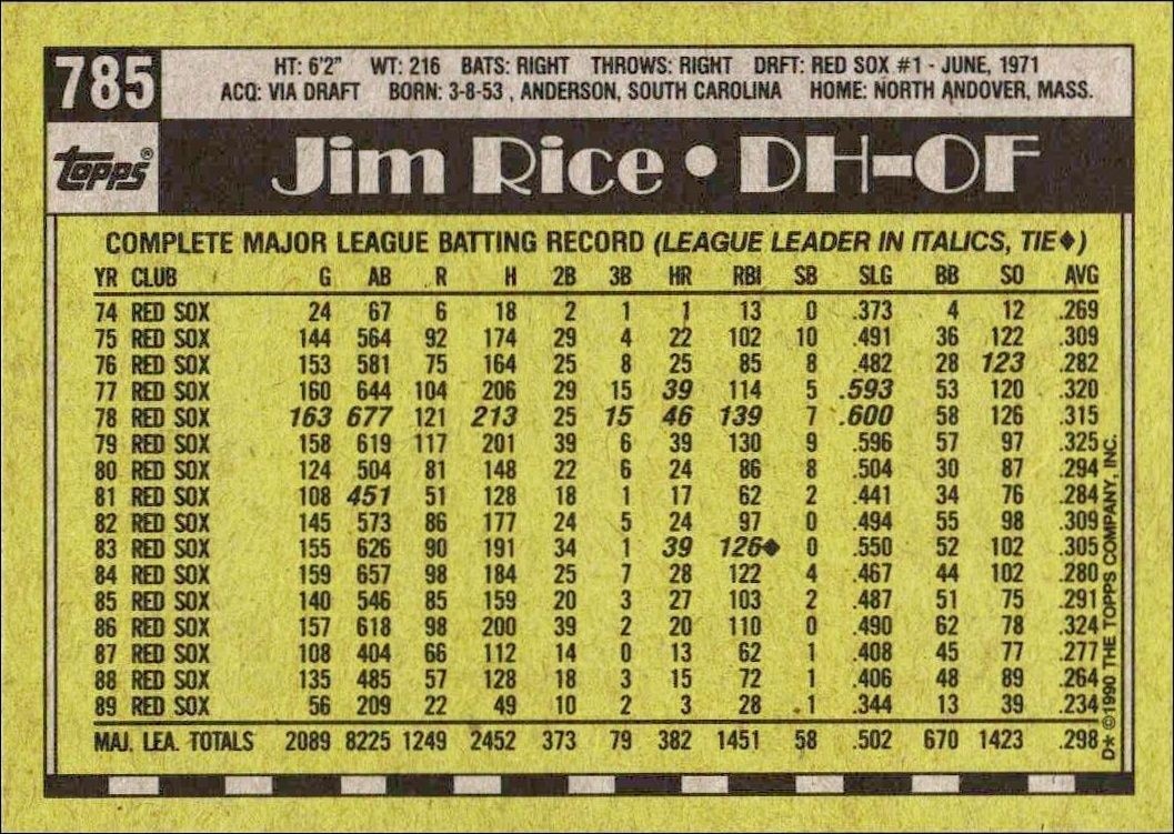1990 Topps Jim Rice #785 baseball trading card back