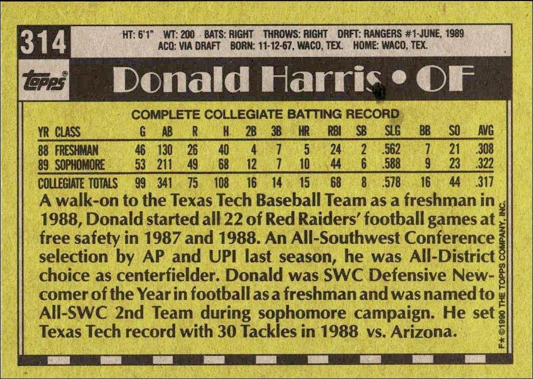 1990 Topps Donald Harris #314 baseball trading card back
