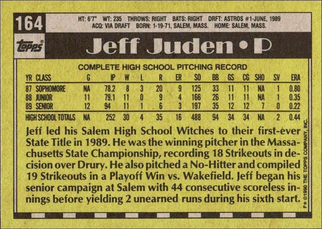 1990 Topps Jeff Juden #164 baseball trading card back