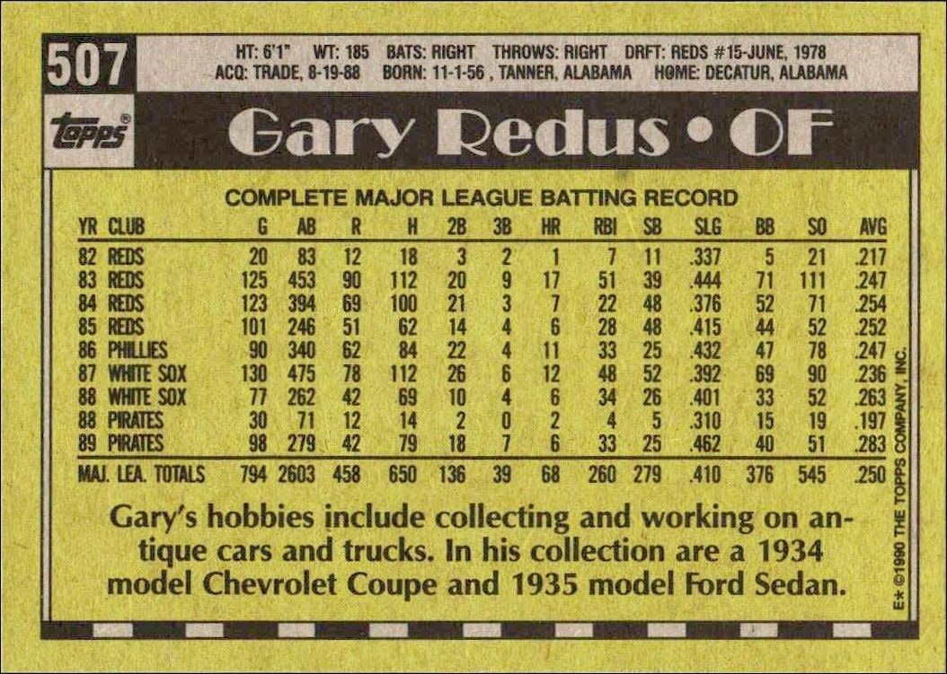 1990 Topps Gary Redus #507 baseball trading card back