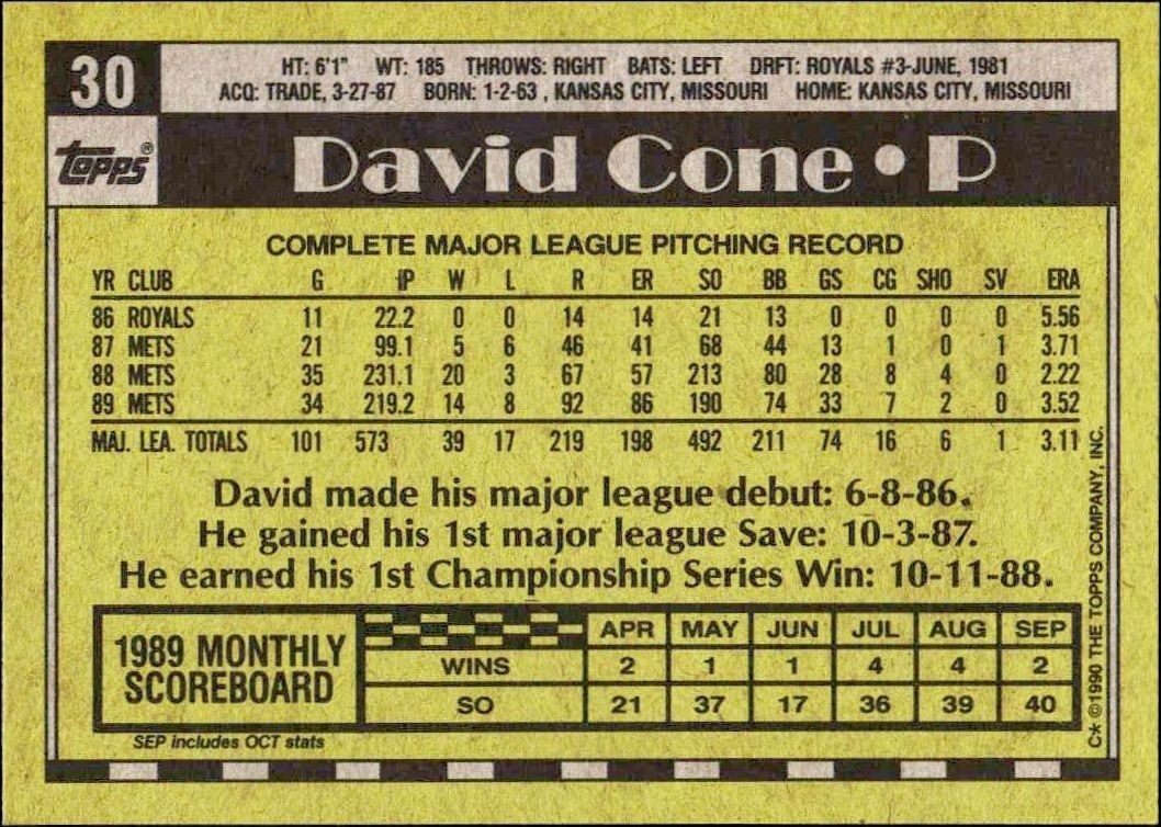 1990 Topps David Cone #30 baseball trading card back