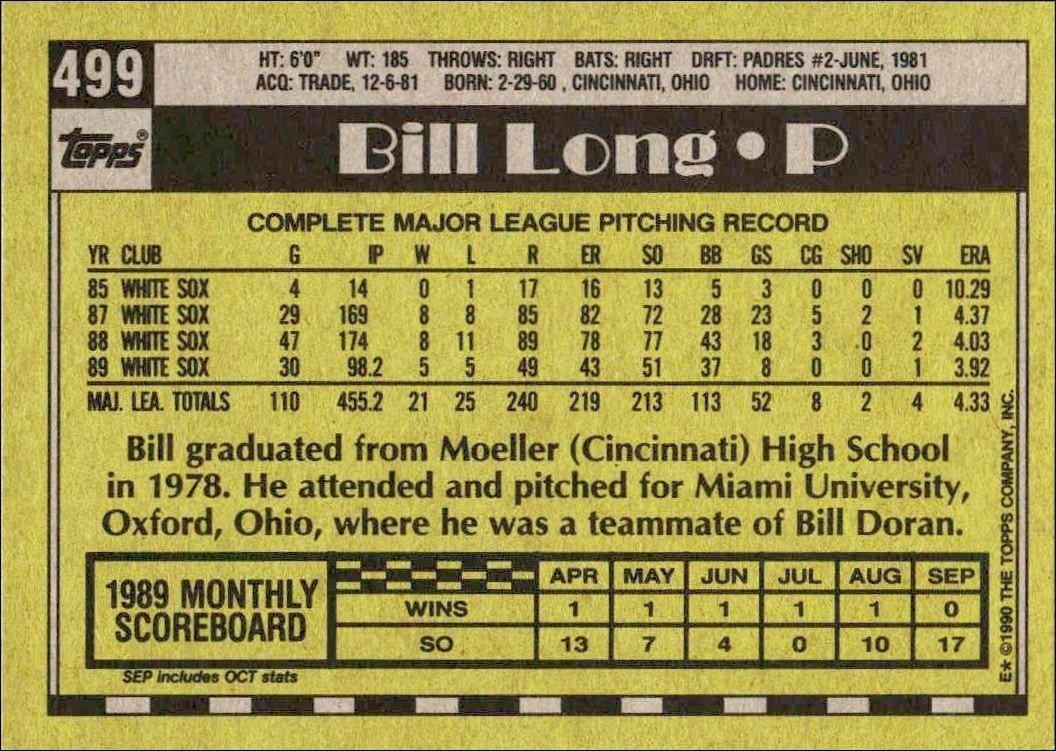 1990 Topps Bill Long #499 baseball trading card back