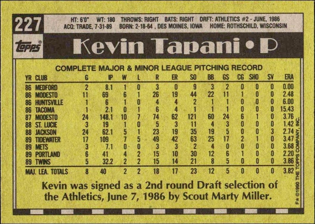 1990 Topps Kevin Tapani #227 baseball trading card back