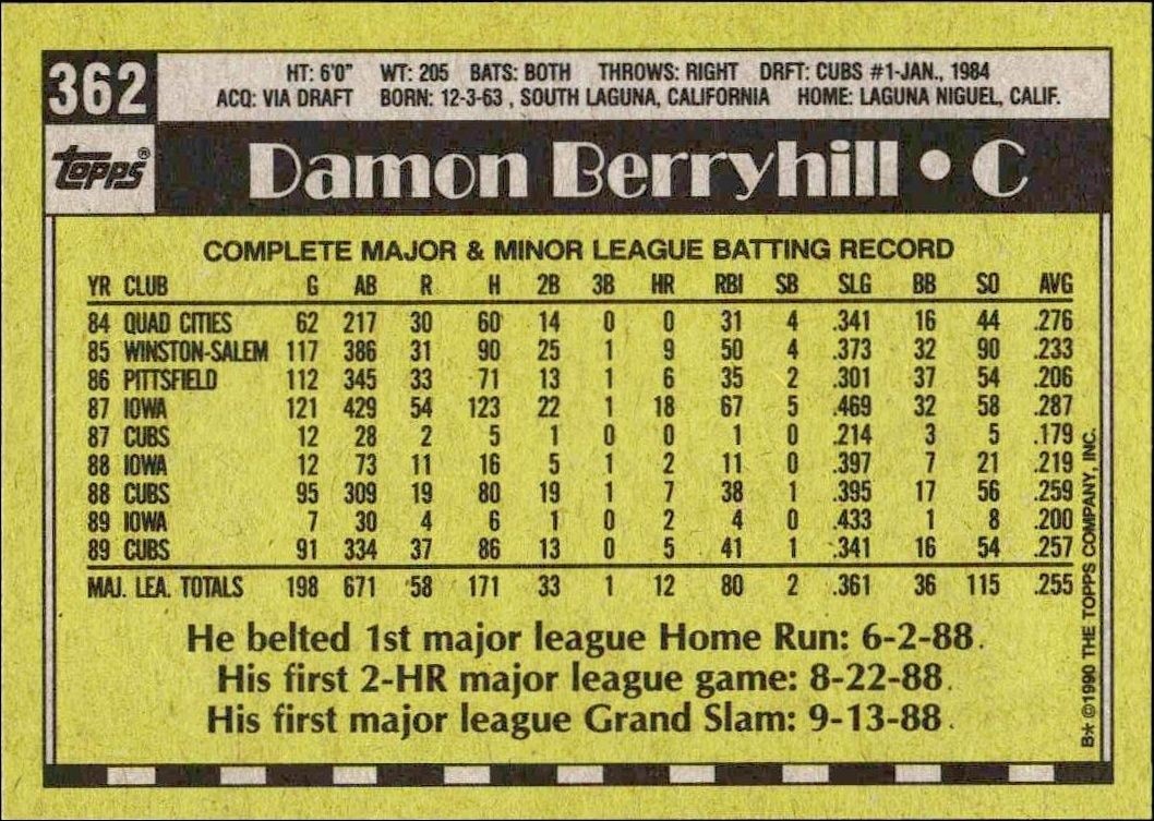 1990 Topps Damon Berryhill #362 baseball trading card back
